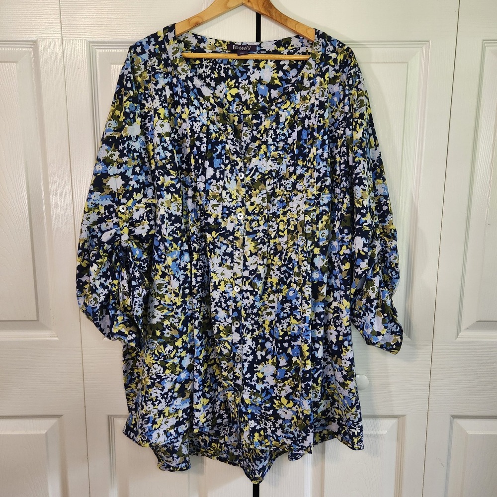 Roaman's Womens 32W Blue Yellow Floral‎ Cotton Roll Tab Sleeve Pintuck Tunic Top